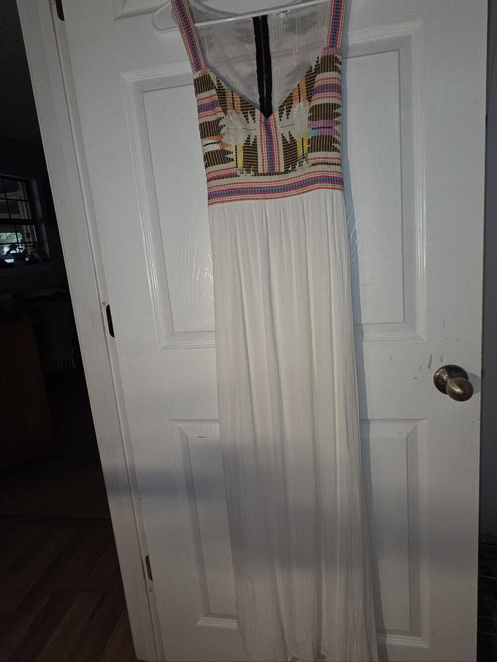 En Creme White Embroidered Southwestern Boho Open Back Maxi Dress Small